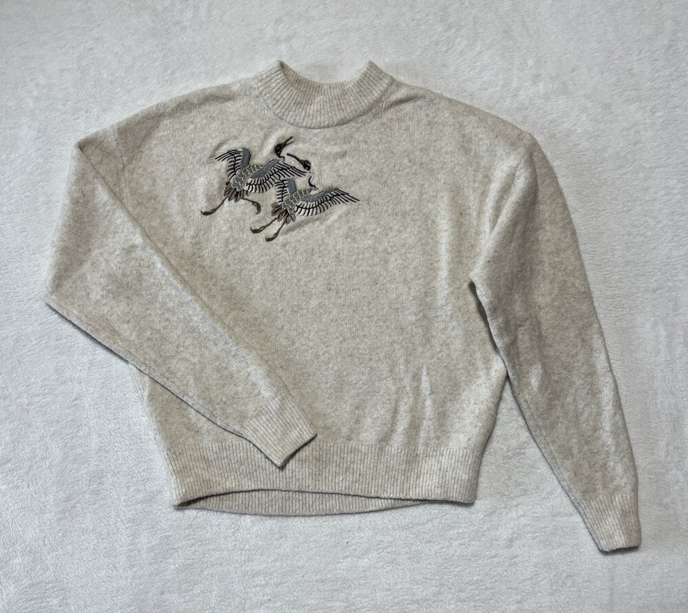 H&M Sweater Womens XS Long Sleeve Crew Neck Cranes Birds Beige Melange